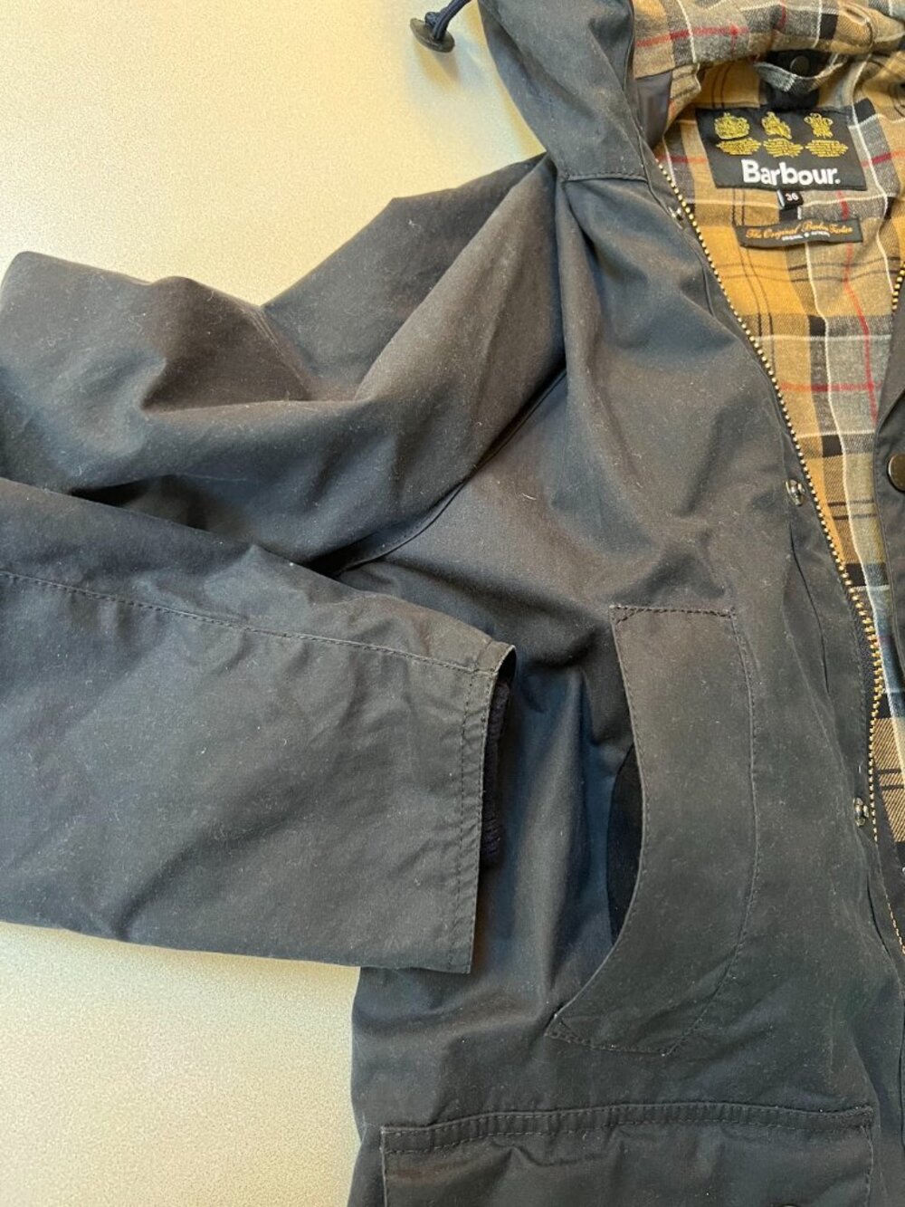 Barbour Waxed Jacket w/ Hood - Navy Men's 36 (Size Small) - Picture 4 of 10
